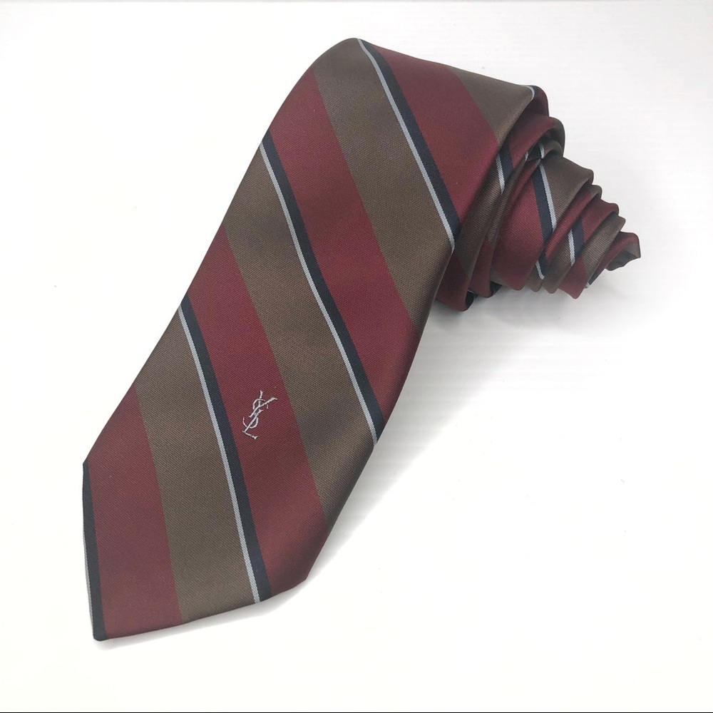 Yves Saint Laurent Brown Maroon Blue Striped Tie